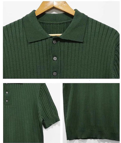 Retro Knitting Lapel Stripe Polo Shirt