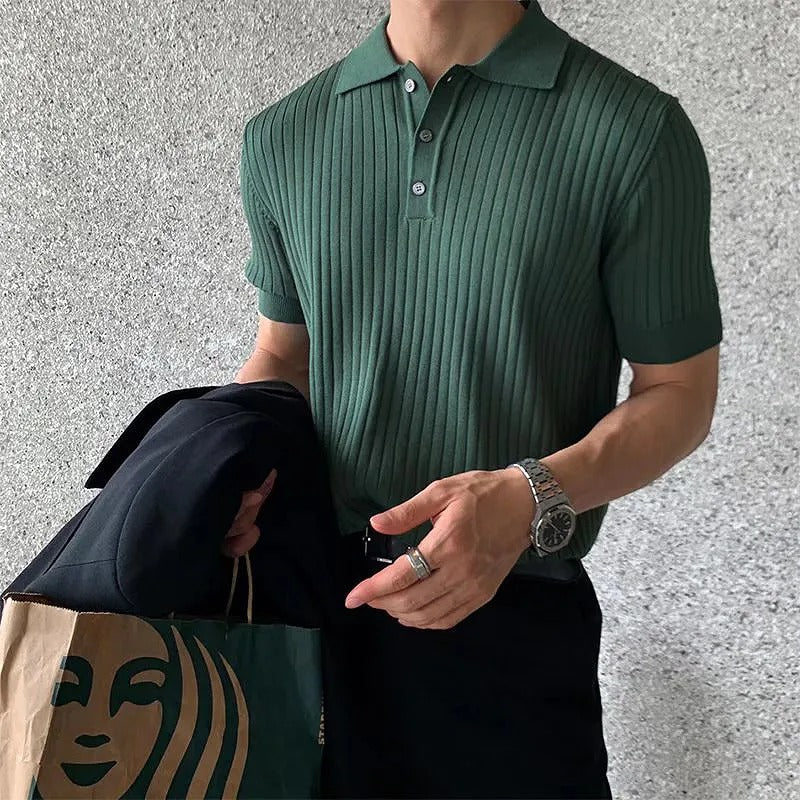 Retro Knitting Lapel Stripe Polo Shirt