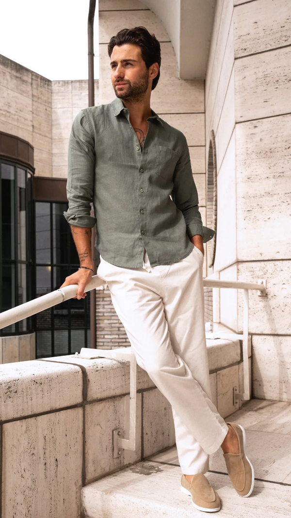 Ryan B. from Denver wearing our Linen Set in sage green